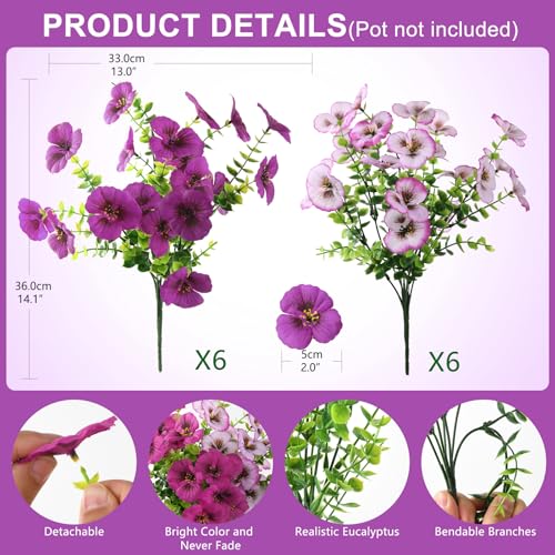 Artificial Fake Pansy Flowers for Outdoor, 12 Pcs Faux Silk Pansies Flower for Spring Summer Decoration, UV Resistant Fake Plants for Outside Planter Porch Yard Patio Home Decor(Gradient Purple Red) - color: Gradient Purple Red