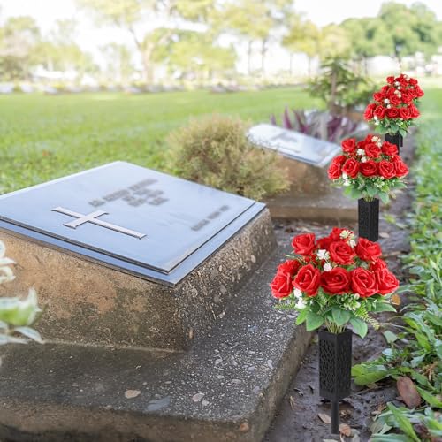 Cemetery Flowers for Grave 2pcs Grave Flowers for Cemetery-Red Silk Memorial Artificial Rose Flowers for Headstones Gravesite Graveyard Grave Vase Decorations - color: Red
