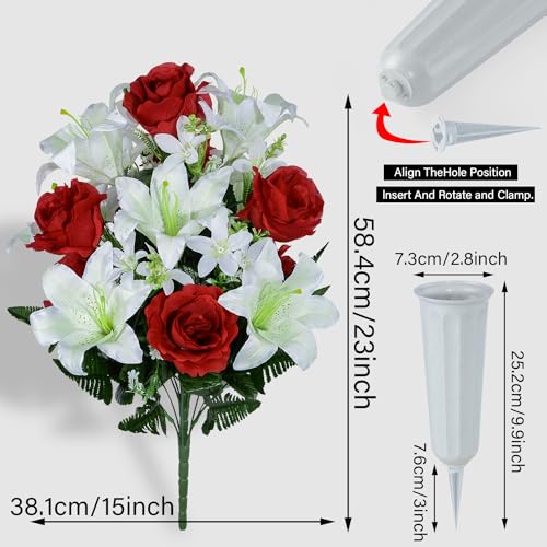 XONOR Artificial Cemetery Flower for Graves, Set of 2 Cemetery Memorial Flowers with Vase for Gravesite Outdoor Headstone Tombstone Decorations, White Lily Red Rose Flowers Bouquets - color: White