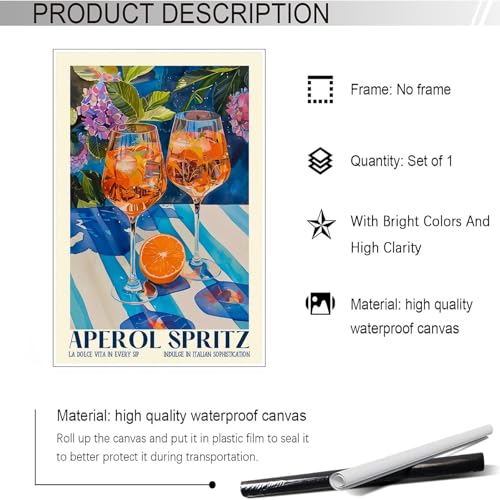 Vintage Cocktail Poster Trendy Aperol Spritz Canvas Wall Art Minimalist Elegant Preppy Cocktail Aesthetic Prints Painting For Home Bedroom Bar Cart Living Room Wall Decor 24x36in Unframed - color: style 02, size: 24"L x 36"W