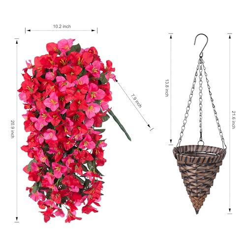 INSPRING Artificial Bougainvillea Faux Flowers Plants Baskets for Outdoor Outside Decoration, 3PCS Fake Silk Flowers Long Trailing Vines UV Resistant Realistic for Front Door Porch Patio (RedHotpink) - color: Redhotpink