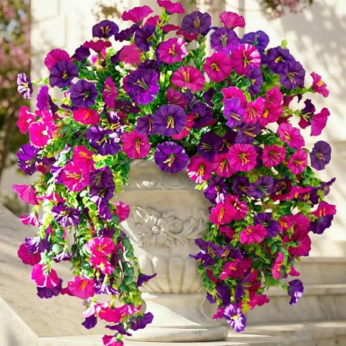 Ivydale 2 PCS Artificial Hanging Flowers Fake Plants Outdoor,Silk Morning Glory Faux Flowers with Eucalyptus Leaf,UV Resistant Realistic Hanging Petunias Plants for Home Garden Decor (Purple+Fuchsia) - color: Purple+fuchsia