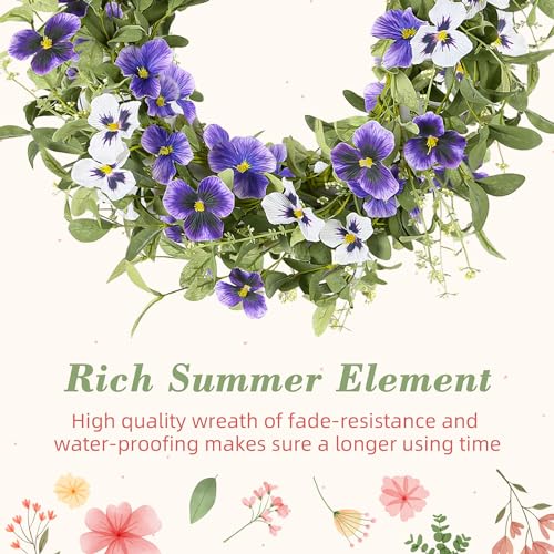 YNYLCHMX 20" Spring Summer Wreaths for Front Door, Artificial Floral Wreath with Purple Pansy Flowers Green Eucalyptus Leaves, Green Foliage Wreath for Wall Window Farmhouse Party Holiday Home Decor - color: Purple Pansy Flowers