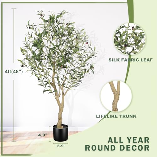LYERSE 4ft Olive Tree - Olive Trees Artificial Indoor - Faux Olive Tree 4ft with Large Olive Branches and Lifelike Fruits - Fake Olive Tree for Modern Home Office House Living Room Decor - size: 4ft