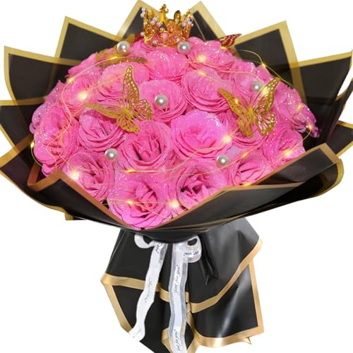 Pink Glitter Roses Bouquet, 24 Pcs Shiny Glitter Flowers Bouquet, Everlasting DIY Artificial Roses Bouquet for Christmas, Birthday, Anniversary, Wedding, Engagement - color: Pink-a, size: 24 PCS