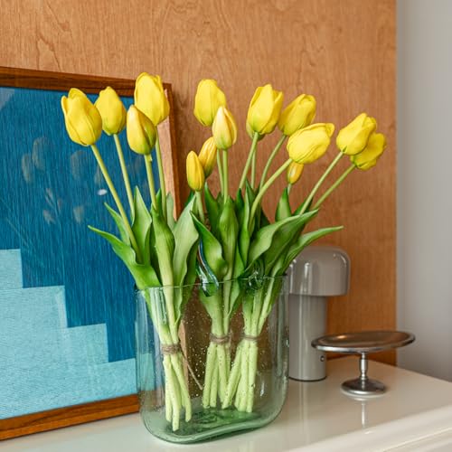 Artificial Tulips Flowers,Soft Touch Latex Bouquet, Fake Tulips,Spring Wedding Home Room Table Centerpiece Decor - color: 15pcs Yellow(no Vase)