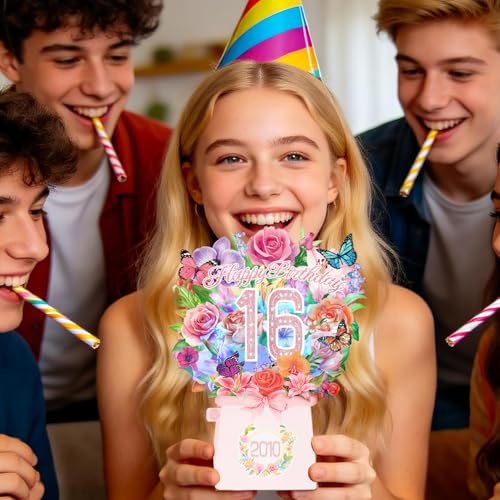 Sweet 16th Birthday Cards, Light and Music 16 Years Old Happy Birthday Card, Rose Lily Orchid and Butterflies, 10 Inch Forever Flower Bouquet 3D Pop Up 2010 Birthday Gift Card for Women Daughter Sister girl - size: 2010-16th
