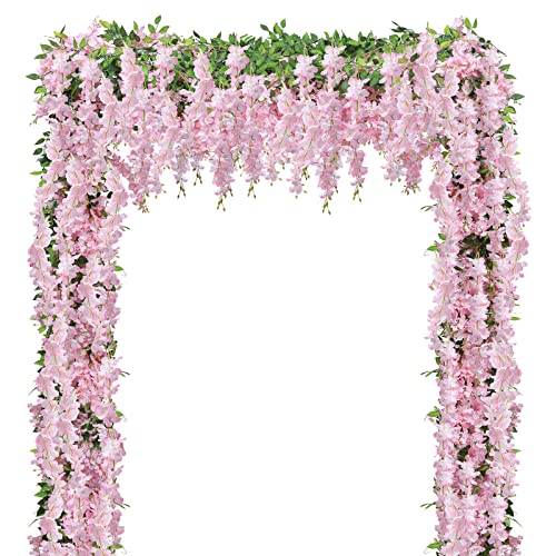 U'Artlines 5Pcs 7.2 Ft/Piece Artificial Wisteria Garland Silk Fake Pink Wisteria Flowers Hanging Greenery Vines Garlands Rattan for Home Garden Wedding Arch Party Indoor Outdoor Decor - color: Pink