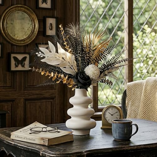 Gothic Artificial Flower Bouquet, 17-Inch Black Roses With Gold Metallic Fern Leaves, 13pcs of Faux Flower Arrangements, Church Wedding Centerpieces, Home Decoration, Halloween (Vase Not Included) - color: Gothic Black Gold - 1