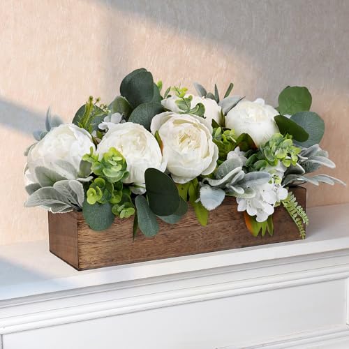 Pre-Made Flower Centerpieces for Table, Artificial Floral Centerpieces for Dining Table Wood Fake Peony Hydrangea Centerpiece for Wedding Living Room Party Bar Kitchen Table(White) - color: White