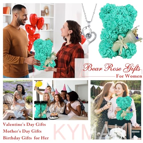 Rose Bear Valentines Day Gifts for Her, Rose Teddy Bear Romantic Gifts for Girlfriend Wife Mom,Flower Bear with Rose Bouquet and 100 Languages I Love You Necklace - color: Greenish Blue