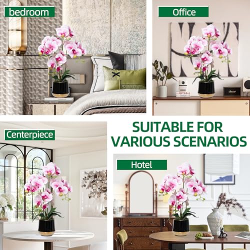 Artificial Orchid Flowers in Ceramic Vase Realistic Pink Faux Orchids 19.5 Inch Fake Phalaenopsis Plant Arrangements for Home Indoor Centerpiece Decor (Set of 4 Stems) - color: Pink, size: 14CM- BlackGolden