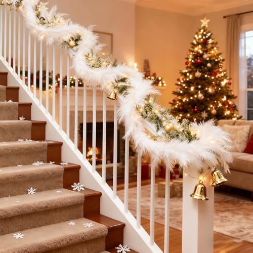 6 Ft Christmas Tree Garland Decoration White Pampas Grass Garland Artificial Faux Fabric Feathers Wreath for Mantle Xmas Tree Home Farmhouse Christmas Holiday Party Supplies - color: White, size: 6 Ft