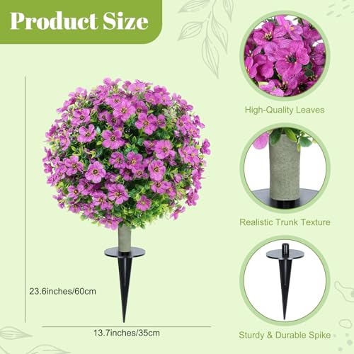 24''Artificial Flowers for Outdoors,2 Pack Topiary Ball Trees Fake Outdoor Plants with Ground Spike,UV Resistant Faux Shrubs for Garden,Porch,Front,Patio,Violet - color: Purple Violet