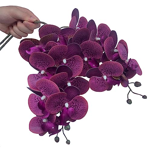 FagusHome 32" Artificial Phalaenopsis Flowers 4 Pcs with 2 Bundles Leaves Artificial Orchid Flowers Stem Plants Fake Butterfly Phalaenopsis Flowers for Home Wedding Party Décor (Purple Piebald) - color: Purple Piebald