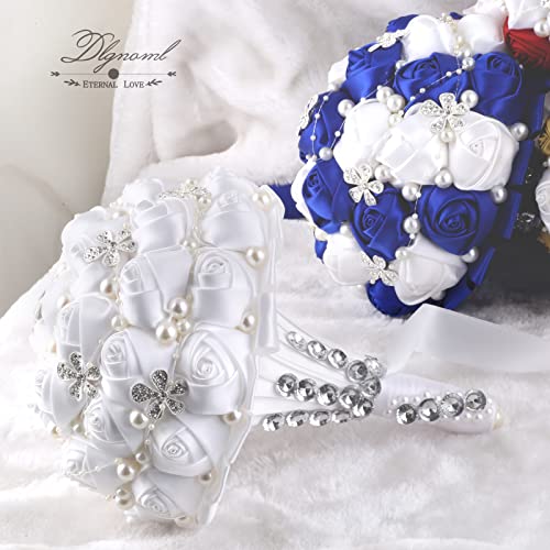 Handmade Wedding Flowers Bridal Bouquets Crystal Bride Holding Bouquet White Ivory Satin Roses with Diamond Pearl Ribbon.(allwhite) - color: Allwhite