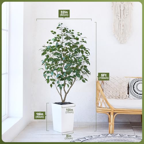 VeriNatural 5FT Artificial Ficus Tree with White Taper Planter & Pebbles– Tall Faux Trees with UV Resistant Silk Leaves for Indoor Outdoor - Potted Fake Floor Plants for Home Office Room Decor, VN128