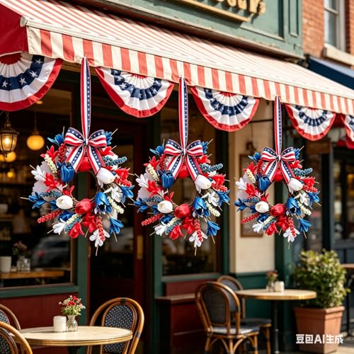 6 Pcs Small 4th of July Hanging Wreaths for Cabinets with Red White Blue Tulips Blooms Artificial Mini Independence Day Mini Candle Ring Wreath for Memorial Day Front Door Window Porch Wall Decor - color: Patriotic-5