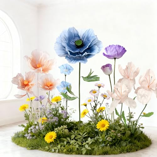 Standing Corn Poppy, Giant 5.58ft Life-Size Faux Blooms with Flexible Stem Metal Base Oversized Wedding Arch Decor,Garden Window Display(Blue,1) - color: Blue