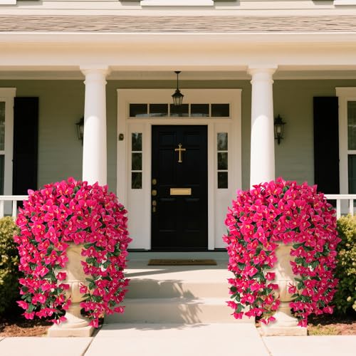 Artificial Bougainvillea Flowers Plants for Outdoors Decoration, 2 Pcs Faux Silk Flowers Long Trailing Fake Vines for Front Door Porch Planter Balcony Patio Summer Spring Home Decor, Hotpink - color: Hotpink