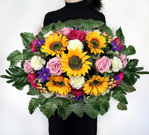 Artificial Cemetery Flowers Saddle and Headstone Flower Saddle -Pink Roses Sunflower Hibiscus Mix Bouquet, Sympathy & Memorial Flower
