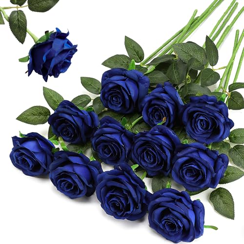 Blue Fake Roses Artificial Flowers - 10 Pcs Fake Artificial Roses Silk Flowers with Stems for Home Wedding Hotel Office Centerpiece Decor（Navy Blue） - color: Navy Blue, size: 10 Pcs
