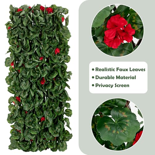 Expandable Fence Privacy Screen with Artificial Flower, Greenery Expandable Stretchable Covers Panel Privacy Fence for Balcony Patio Garden, Single Sided Leaves (Red Geranium, 2 Pack) - color: Red Geranium, size: 2 Pack