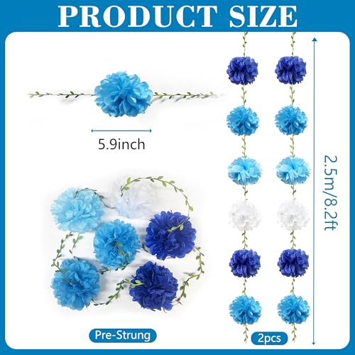 Blue White Party Decorations Ombre Blue Tissue Paper Flowers Pom Pom with Leaf Ribbon Hanging Garland Streamer for Birthday Baby Shower Wedding Under The Sea Nautical Ahoy Achor Party Supplies - color: Blue