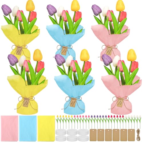 Cinrobiye 6 Set DIY Tulip Bouquet Kit, Artificial Flower Arrangement Craft Set, Wedding Centerpieces, Bridal Shower Table Decor, Party Decorations and Spring Event Floral Display - color: Mix1