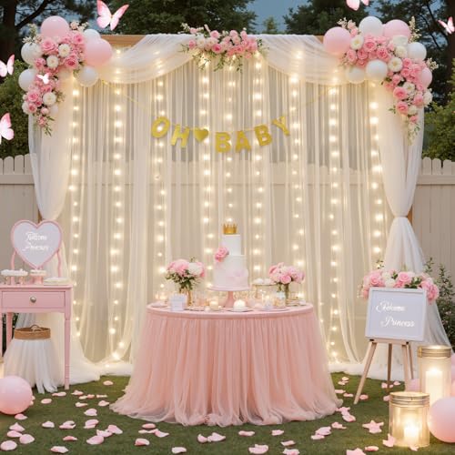Ivory Sheer Backdrop Curtains with Lights String for Parites Wedding 10×8ft Tulle Backdrop Curtains for Baby Shower Birthday Party Photo Shoot Background Decorations - color: Ivory, size: 10 ft X 8 ft(2 Panels 5ft X 8ft)