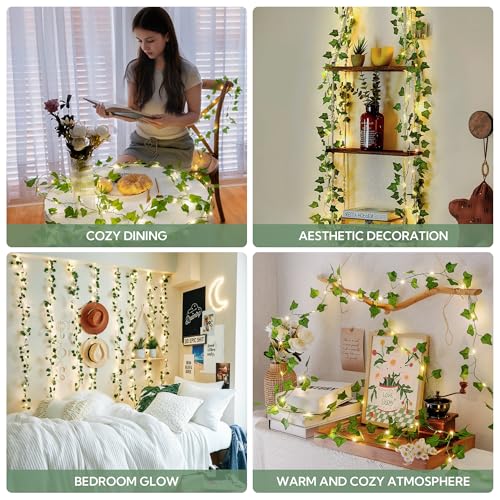 HEYFUNi Ivy Vines with Lights with Remote, 13 Ft 40LED Artificial Green Leaf String Lights USB/Battery Operated, Fake Vines for Bedroom Wall Aesthetic, Dorm, Room Decor, Warm White - color: IVY- Remote, size: 40 LED-USB & Battery