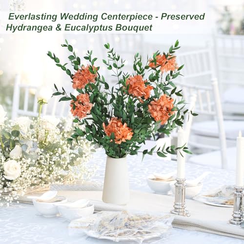 Hand-Tied Preserved Eucalyptus and Hydrangea Bouquet, 5-7 Stems Rustic Yellowish Brown and Green Natural Dried Flowers for Home Table Decor, Wedding Centerpiece, Fall Holiday Decorations