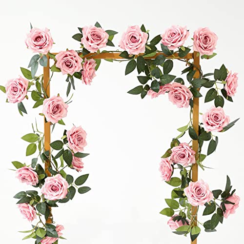 Dallisten 2 Strands 73'' Artificial Silk Rose Flower Vines Garland, Fake Pink Roses Floral Green Leaves Hanging Plant for Wedding Arrangement Decoration, Wall, Party, Bedroom, Home Decor (Pink) - color: Pink