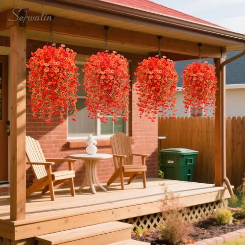 Serwalin 4PCS Artificial Fall Flowers for Outdoors, UV Resistant Fake Silk Artificial Hanging Plants Outdoor for Porch Patio Balcony Outdoor Planter Garden Yard Fall Decor(Orange&Red,4PCS) - color: Orange&red