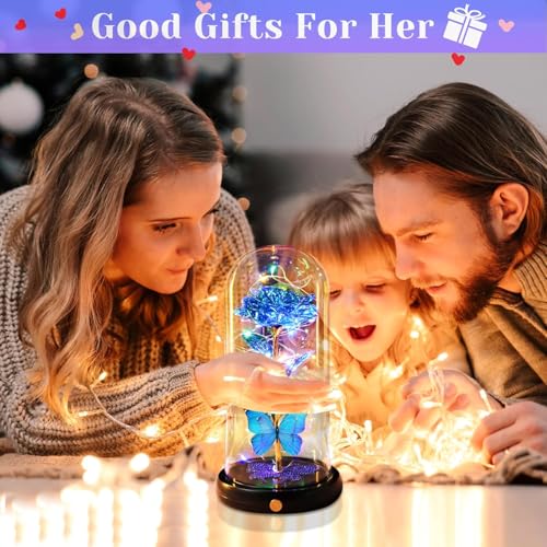 Gifts for Mom Birthday Gifts for Women Blue Rose Eternal Flower USB Light Up Rose in Glass Dome Anniversary Flowers for Delivery Prime Galaxy Crystal Flowers Gifts for Mom Women Wife Grandma - color: Usb-blue