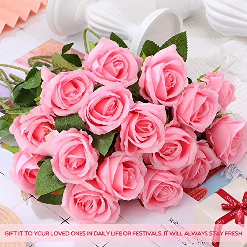 Jexine 50 Pcs Artificial Rose Flower Bulk Realistic Silk Fake Roses with Long Stem Plastic Artificial Flower Bouquet Real Looking for Home Wedding Centerpieces Party Decoration(Pink) - color: Pink