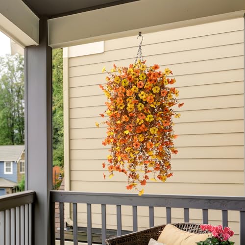 Homsunny Fall Artificial Fake Mums Hanging Flowers Plants Basket for Outdoor Autumn Decoration, Fake Silk Orange Planters UV Resistant Look Real for Home Patio Balcony Yard Porch Decor(Yellow Orange) - color: Orange Yellow