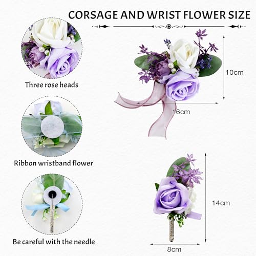 SITUMEIZI 2Pcs Purple Corsage and Boutonniere Set Wrist Corsage Bracelets and Boutonniere for Men Wedding Prom Party Suit Decor - color: Purple