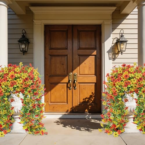 Roberly 4 Pcs Artificial Hanging Flowers for Outdoors, Realistic Faux Silk Flowers UV Resistant Fake Greenery Plants for Spring Summer Garden Porch Indoor Outdoor Home Decor, Orange Yellow - color: Orange Yellow