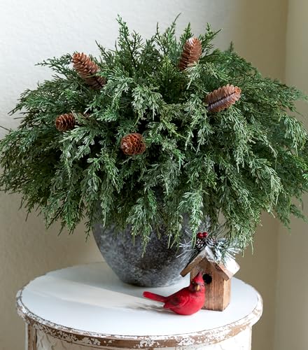 Cedar Stems Artificial Norfolk Pine Branches for Christmas Decor, 12 PCS Fake Pine Stems with 5 PCS Big Pine Cones Branches Realistic Fake Plants Faux Greenery for Vases DIY Garland Xmas Table Indoor - color: 12 Pcs Cedar Stems, 5 Pcs Big Pinecones Stems