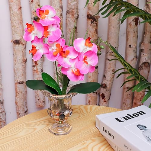 Jusdreen Artificial Purple Orchid Centerpiece, 14.5 Inch Phalaenopsis in Glass Vase with Potting for Home Office Table Decor, Realistic Orchid Arrangement - color: Wine Glass-purple