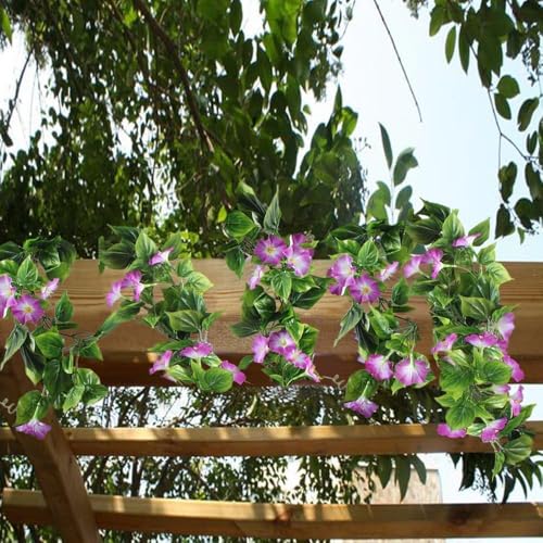 GTIDEA 2Pcs Artificial Vines,15Feet Hanging Plants Silk Morning Glory Garland Fake Green Plant Home Garden Wall Fence Stairway Outdoor Wedding Hanging Baskets Decor Purple - color: Purple