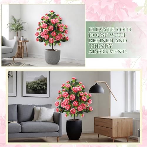 Lunmon 2 Pack 4ft Artificial Camellia Plants Tree 48" Faux Camellia Flower with Spike (Without Vase) UV Resistant Realistic Fake Floral Blooming for Outdoor Front Door Porch Backyard Garden, Red White - color: Red White Bicolor, size: 4 ft