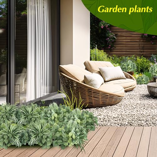 24Pcs Artificial Outdoor Plants UV Resistant Fake Plastic Greenery Boxwood Eucalyptus Spring Onion Grass for Outside Yard Front Porch Patio Window Box Planter Hanging Basket Decor (Grey Green) - color: Grey Green