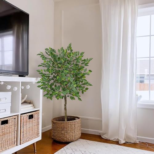 4Ft Ficus Tree Artificial Plants Indoor with Realistic Trunk, 2Pack Tall Fake Potted Tree Faux Floor Plant, Artificial Tree in Pot for Home Living Room Office Bedroom Corner Decor(Green) - color: Green, size: 4Ft -2pack