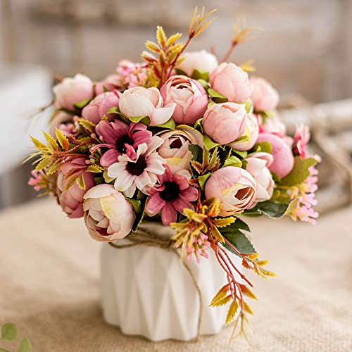 TKAS Artificial Flowers Fake Flowers Silk Rose Bouquets Decoration with Ceramics Vase for Table Home Office Wedding (Pink Bud) - color: Pink Bud