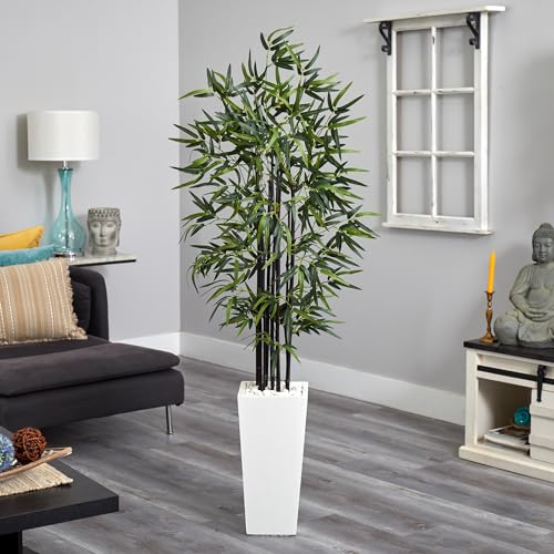 Nearly Natural 5864 5Black Bamboo Artificial Tree in White Tower Planter 5Black Bamboo Tree in White Tower Planter, Green