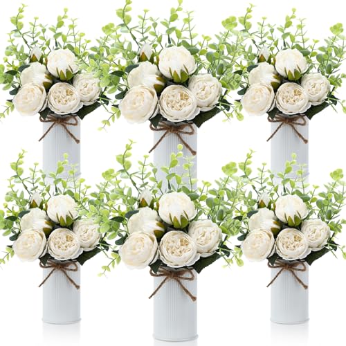 6 Sets Artificial Peonies Flowers, 6 Artificial Peony with Vase 6 Faux Eucalyptus, Faux Silk Peony Bouquet Spring Flowers for Decoration Wedding Party Home Dining (White) - color: White