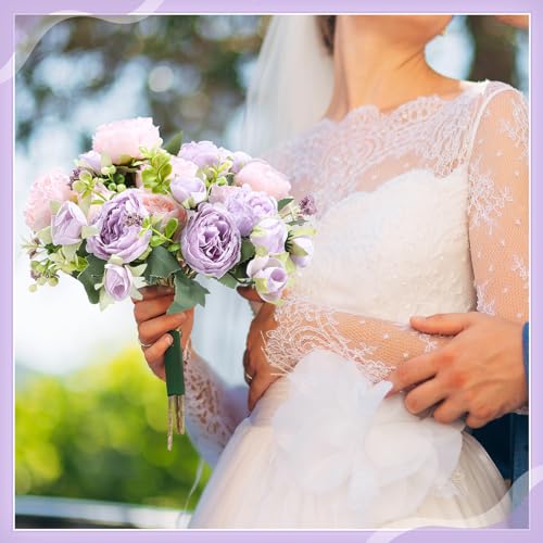 Crowye 4 Bundles Peonies Artificial Flowers Silk Faux Peonies Wedding Artificial Flower Bouquet for Table Centerpiece for Home Wedding Decor Bridal Floral Arrangement(Pink Purple) - color: Pink Purple
