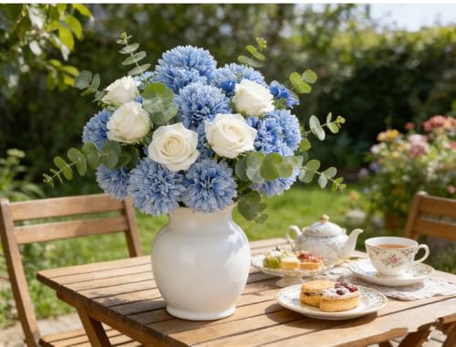 Kimura's Cabin 20Pcs Chrysanthemums Artificial Flowers Silk Faux Mums with Stem Fake Ball Flower for Wedding Bouquets Arrangements Home Coffee Table Centerpieces DIY Decoration,Blue - color: Light Blue